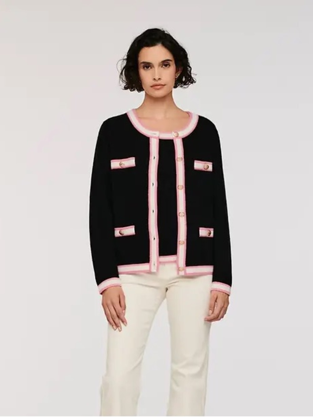 Weill Black and Pink Trim Women’s Cardigan Sweater Sz L 100% cashmere